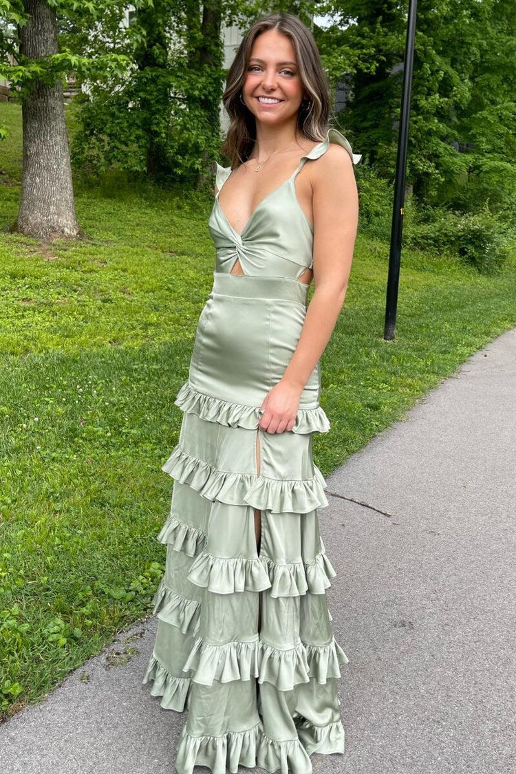 Sage Green Ruffle Cut Out Satin Evening Dresses