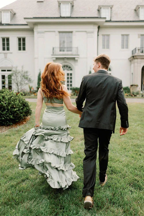 Sage Green Ruffle Cut Out Satin Evening Dresses