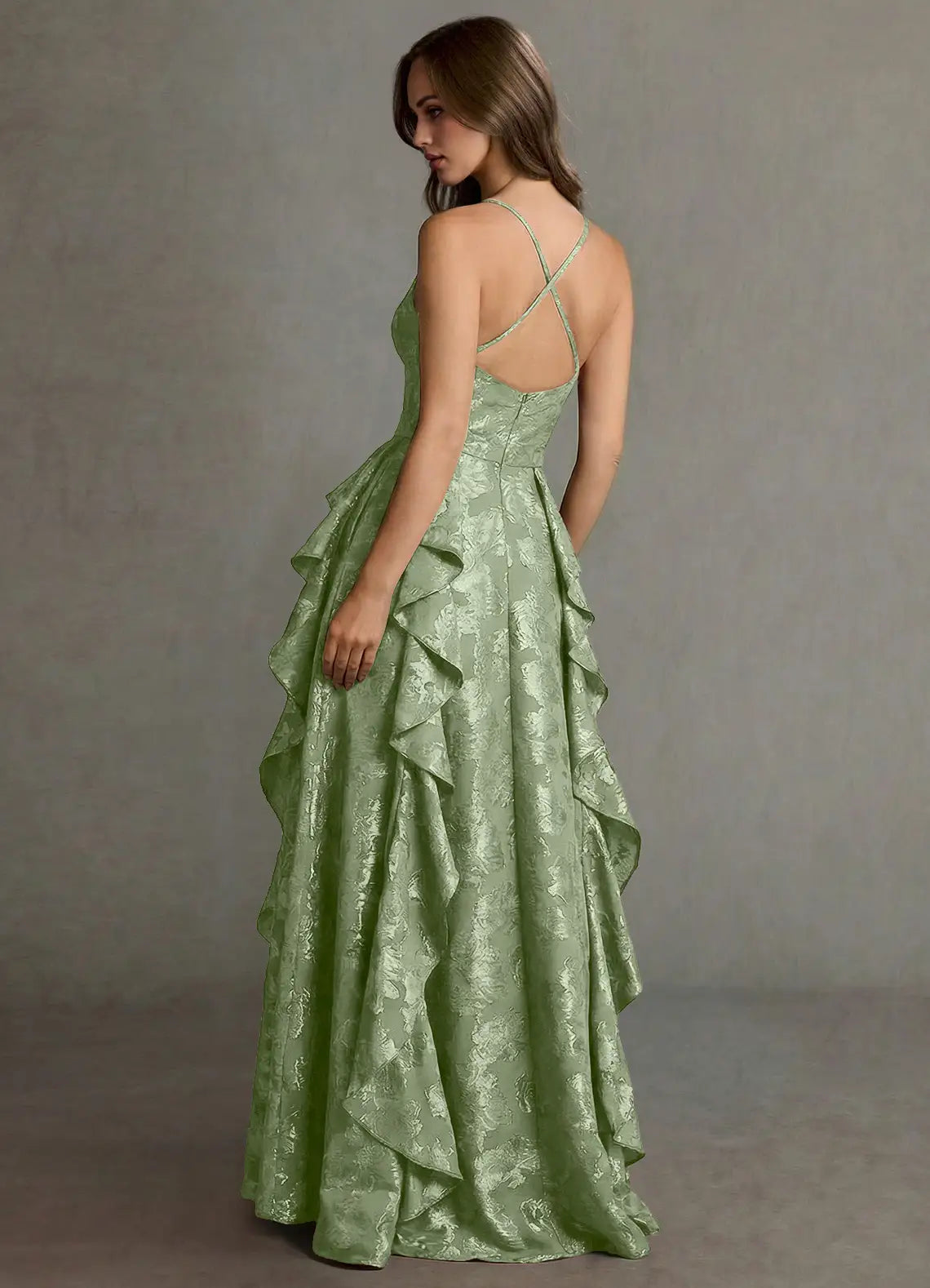 Sage Green Ruffle Jacquard Evening Dresses
