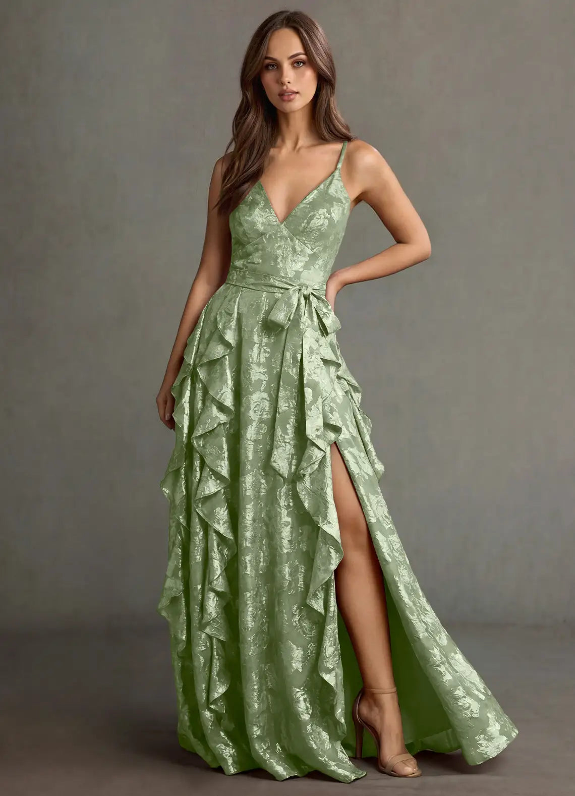 Sage Green Ruffle Jacquard Evening Dresses
