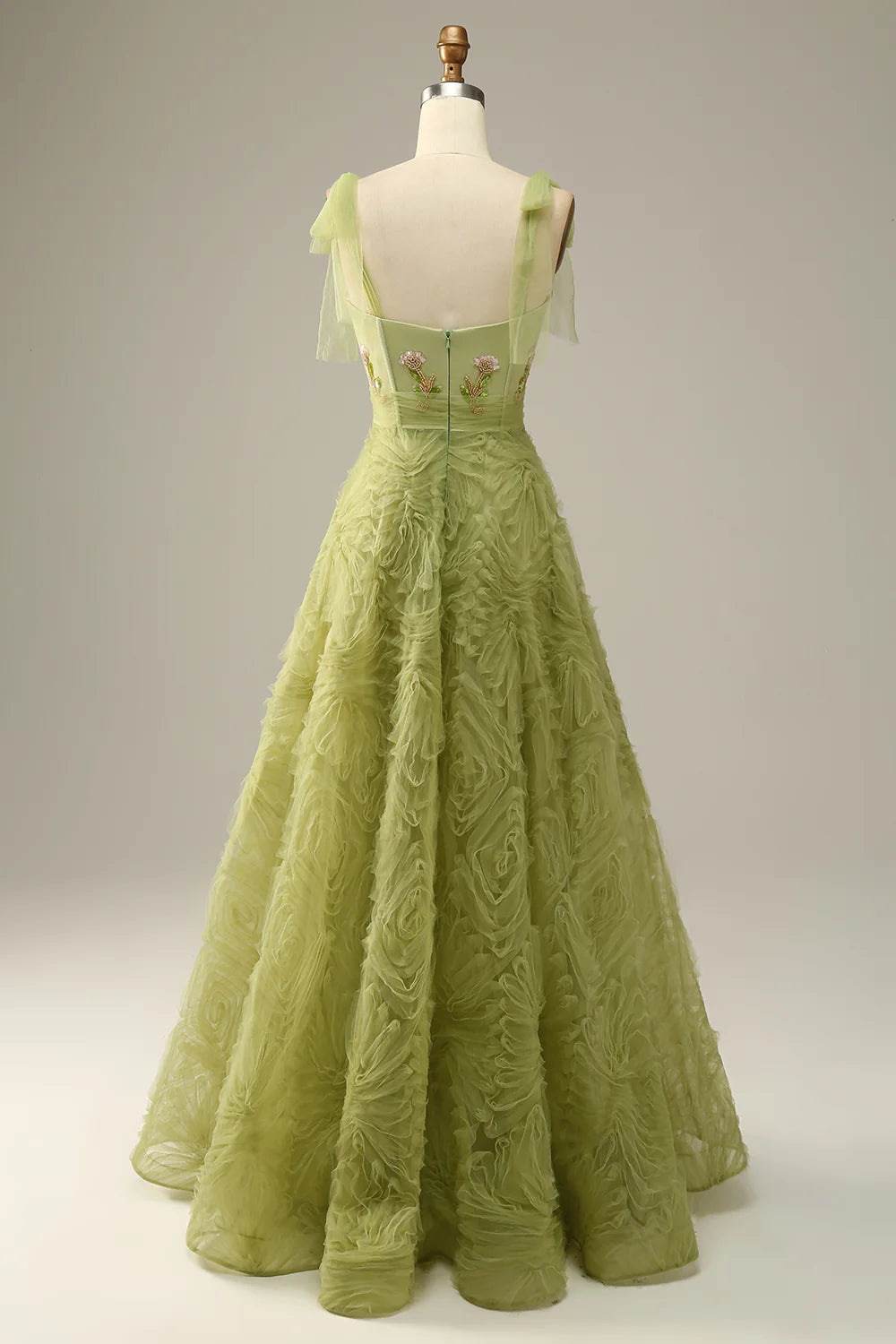 Sage Green Ruffled Tulle Spaghetti Strap Evening Dresses