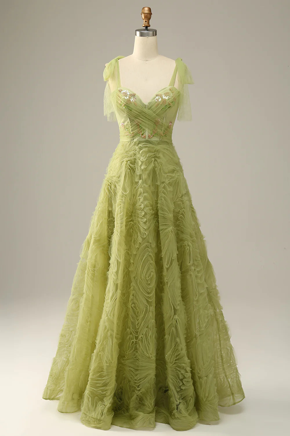 Sage Green Ruffled Tulle Spaghetti Strap Evening Dresses