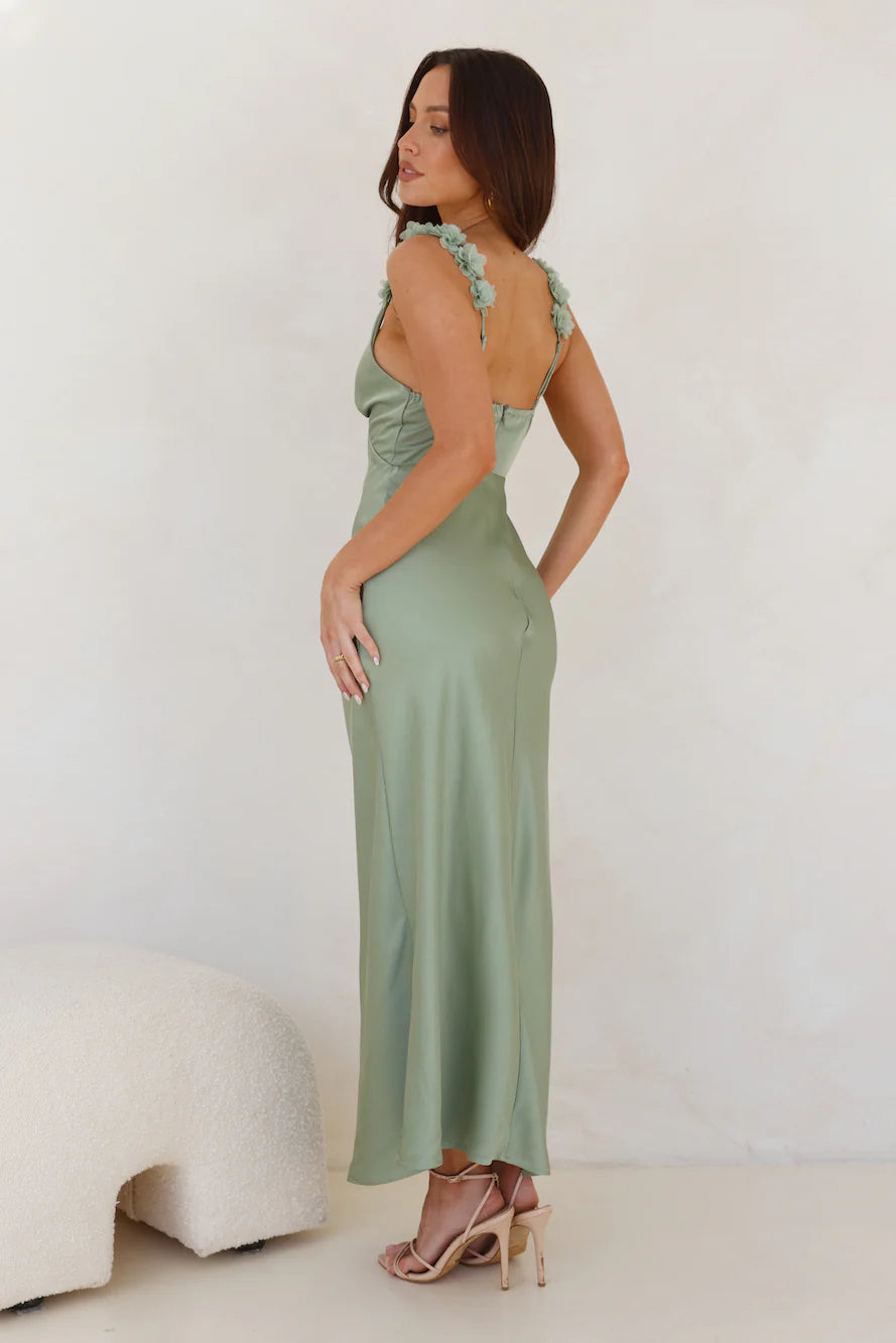 Sage Green Satin Floral Applique Midi Evening Dresses