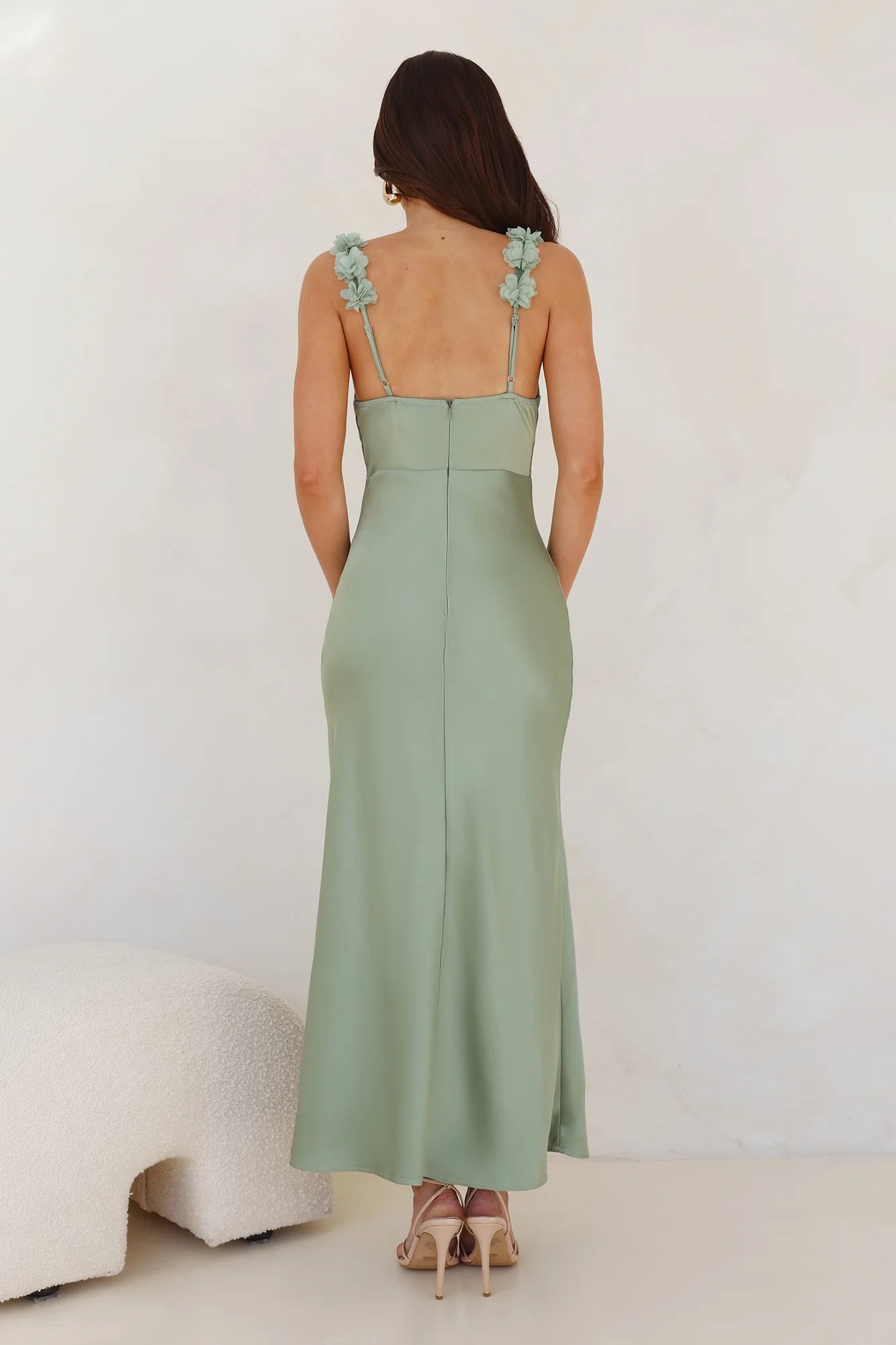 Sage Green Satin Floral Applique Midi Evening Dresses