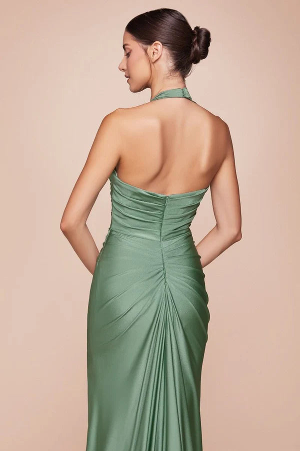 Sage Green Satin Halter Ruched Mermaid Slit Maxi Evening Dresses