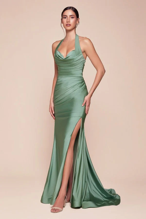 Sage Green Satin Halter Ruched Mermaid Slit Maxi Evening Dresses