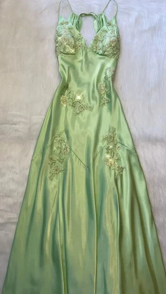 Sage Green Satin Lace Applique Backless Maxi Prom Dress