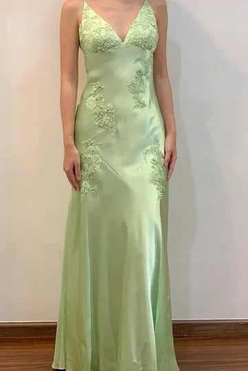 Sage Green Satin Lace Applique Backless Maxi Prom Dress