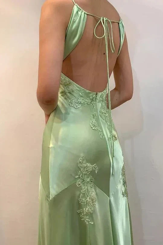 Sage Green Satin Lace Applique Backless Maxi Prom Dress
