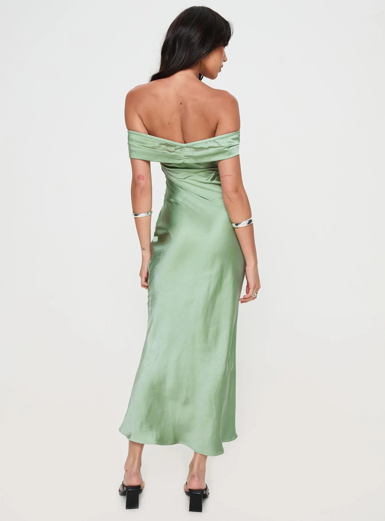 Sage Green Satin Off-the-Shoulder Bodycon Maxi Evening Dresses