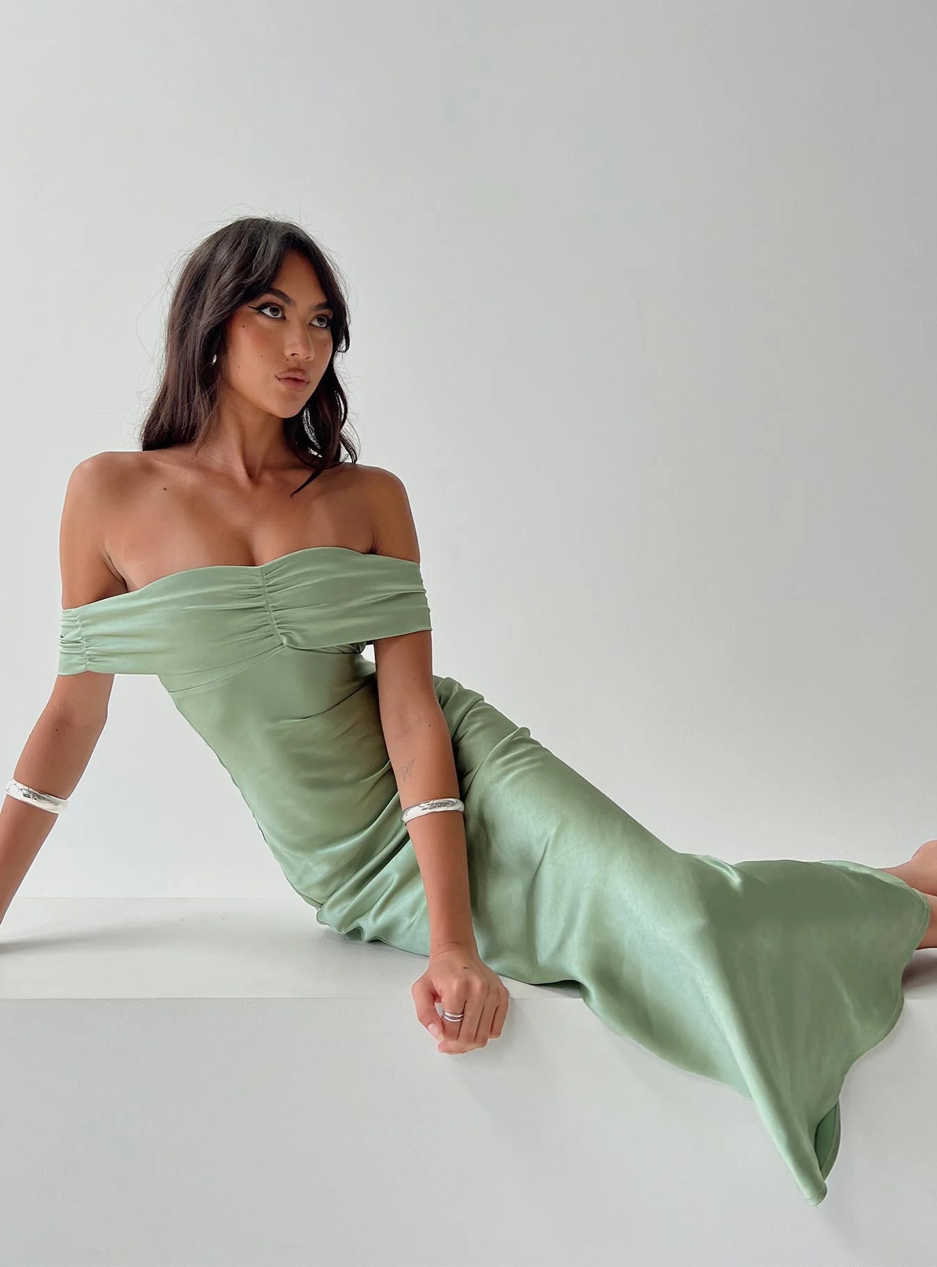 Sage Green Satin Off-the-Shoulder Bodycon Maxi Evening Dresses