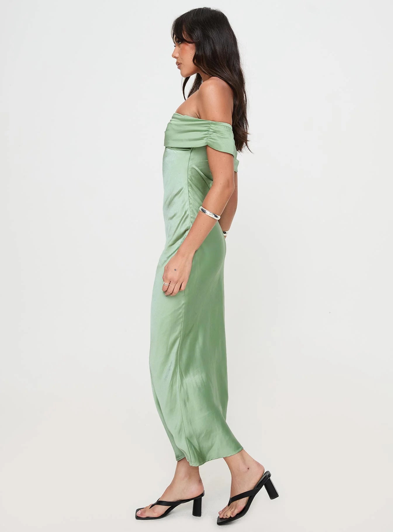Sage Green Satin Off-the-Shoulder Bodycon Maxi Evening Dresses