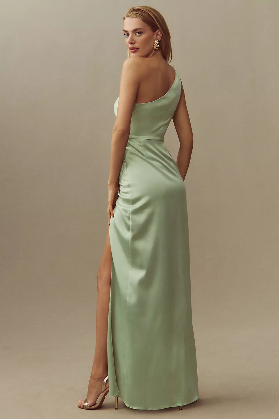 Sage Green Satin One-Shoulder Ruched Side Slit Maxi Evening Dress