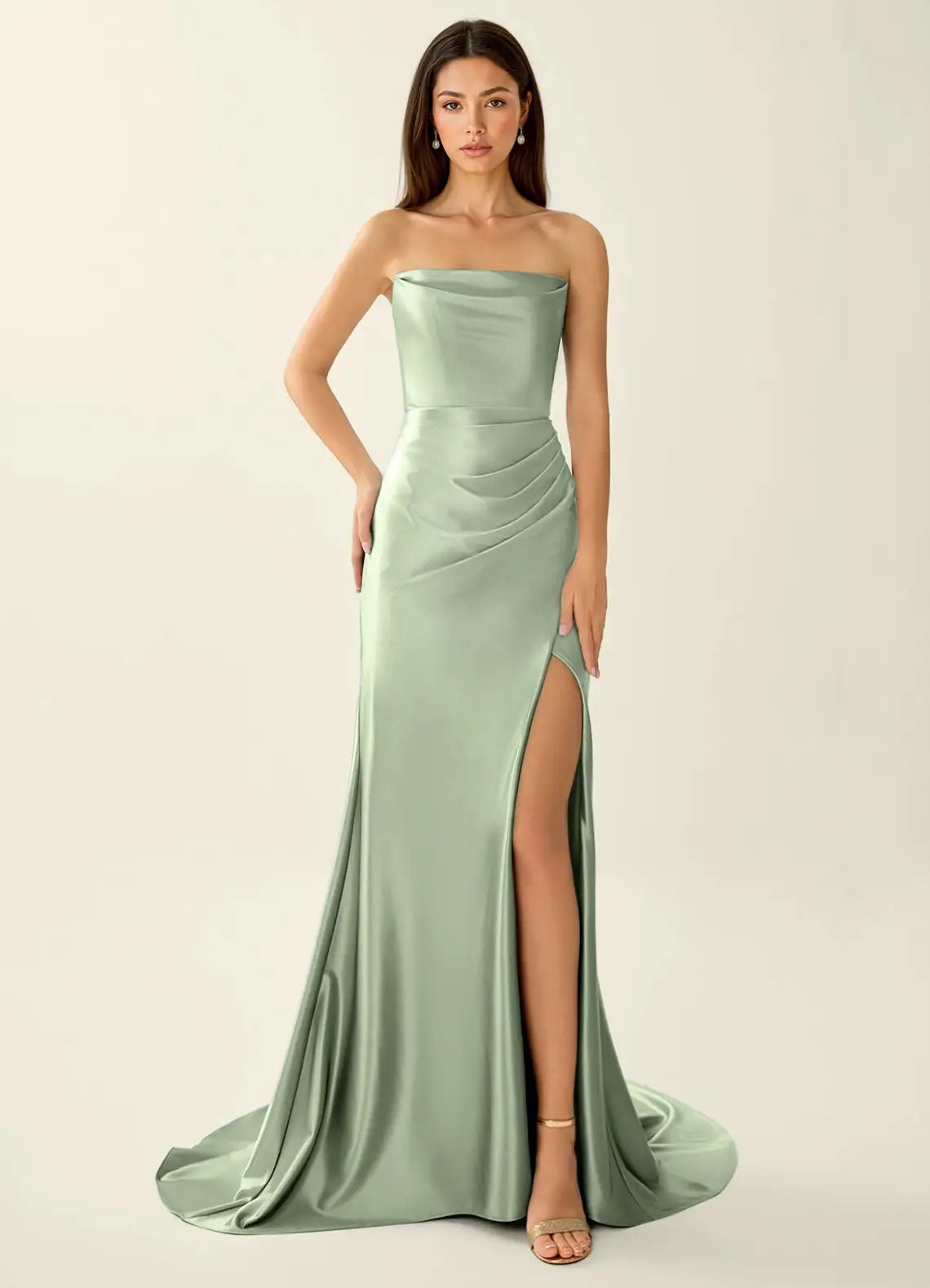 Sage Green Satin Strapless Cutout Mermaid Maxi Evening Dresses