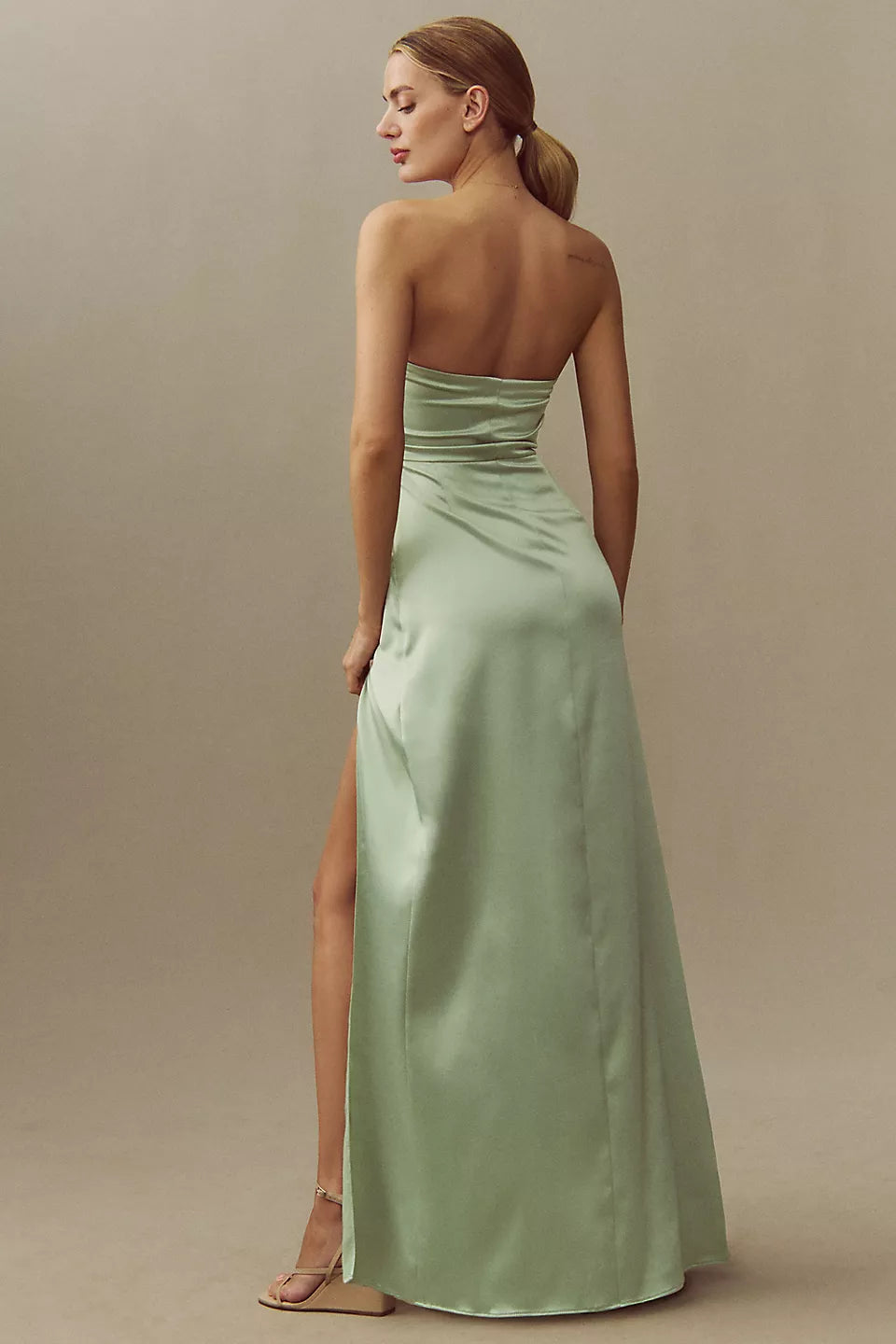 Sage Green Satin Strapless Ruched Waist High Side Slit Maxi Evening Dress