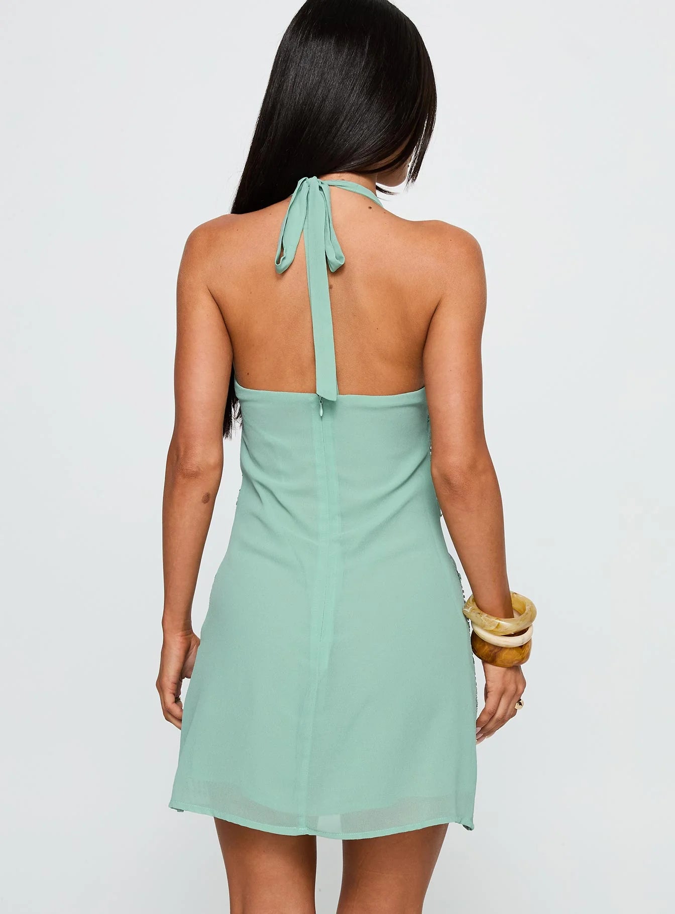 Sage Green Sequin Floral Halter Homecoming Dresses