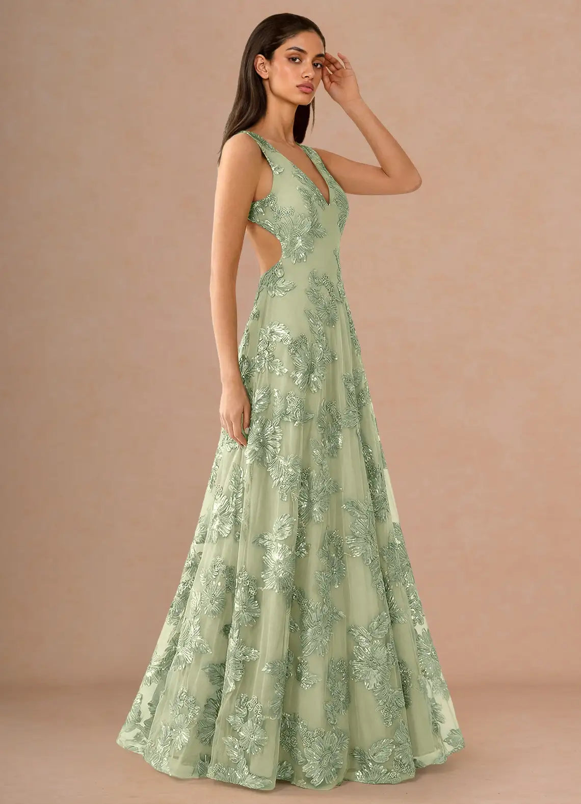 Sage Green Sequin Floral Lace Open Back A-Line Maxi Evening Dresses