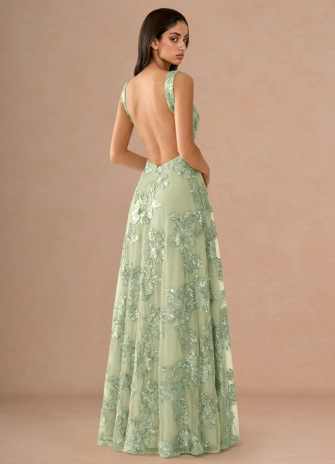 Sage Green Sequin Floral Lace Open Back A-Line Maxi Evening Dresses