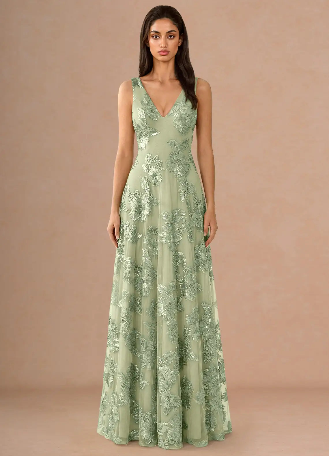 Sage Green Sequin Floral Lace Open Back A-Line Maxi Evening Dresses