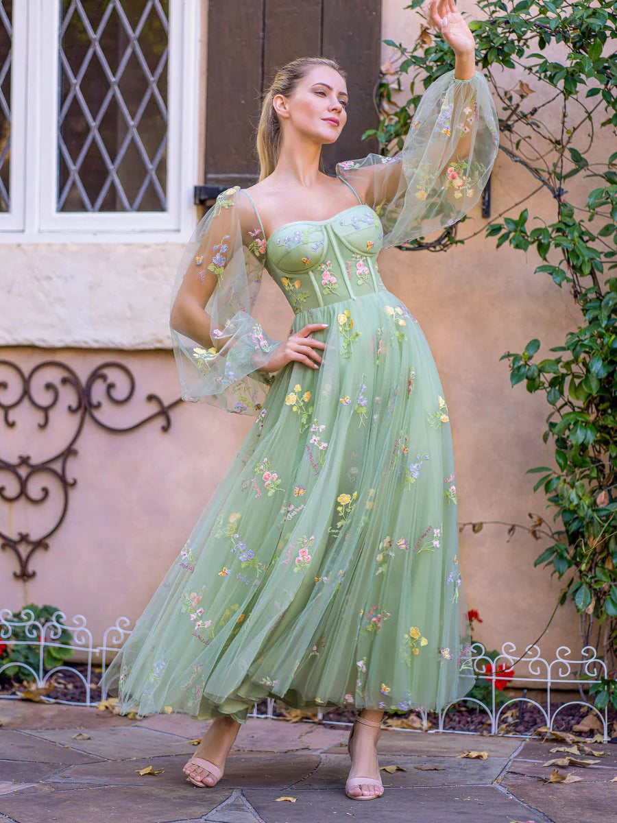 Sage Green Sheer Puff Sleeve Floral Embroidered Corset Back Midi Evening Dresses