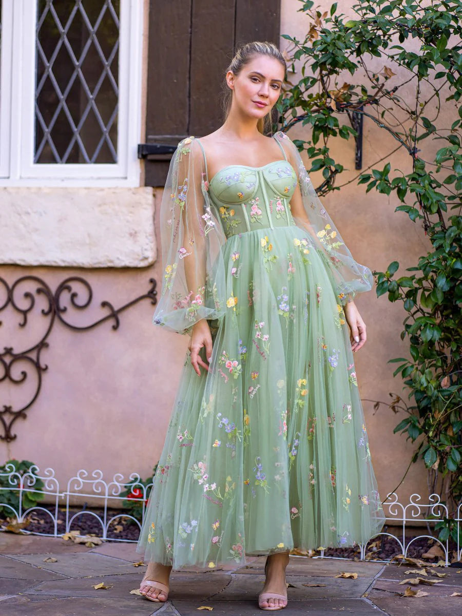 Sage Green Sheer Puff Sleeve Floral Embroidered Corset Back Midi Evening Dresses