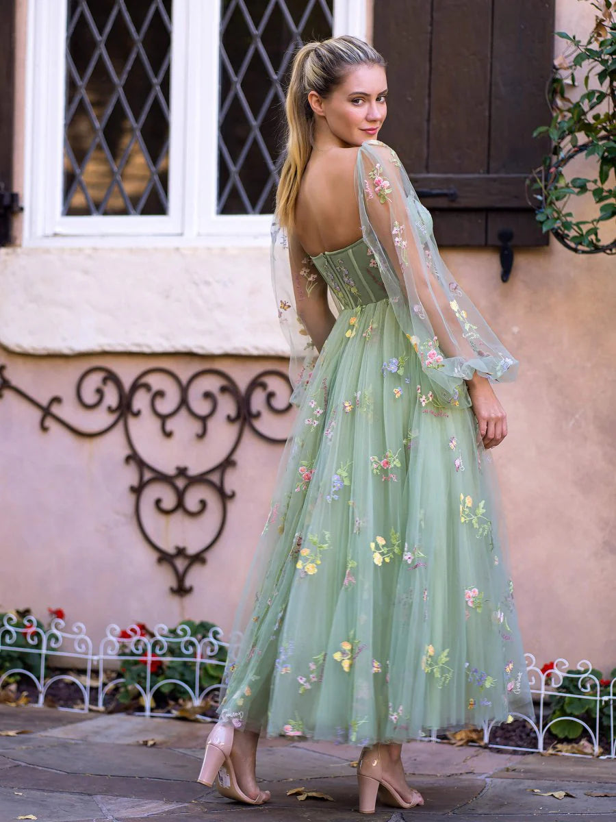 Sage Green Sheer Puff Sleeve Floral Embroidered Corset Back Midi Evening Dresses