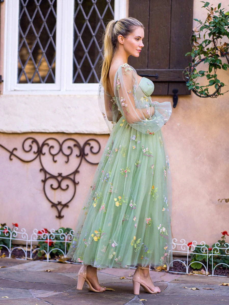 Sage Green Sheer Puff Sleeve Floral Embroidered Corset Back Midi Evening Dresses