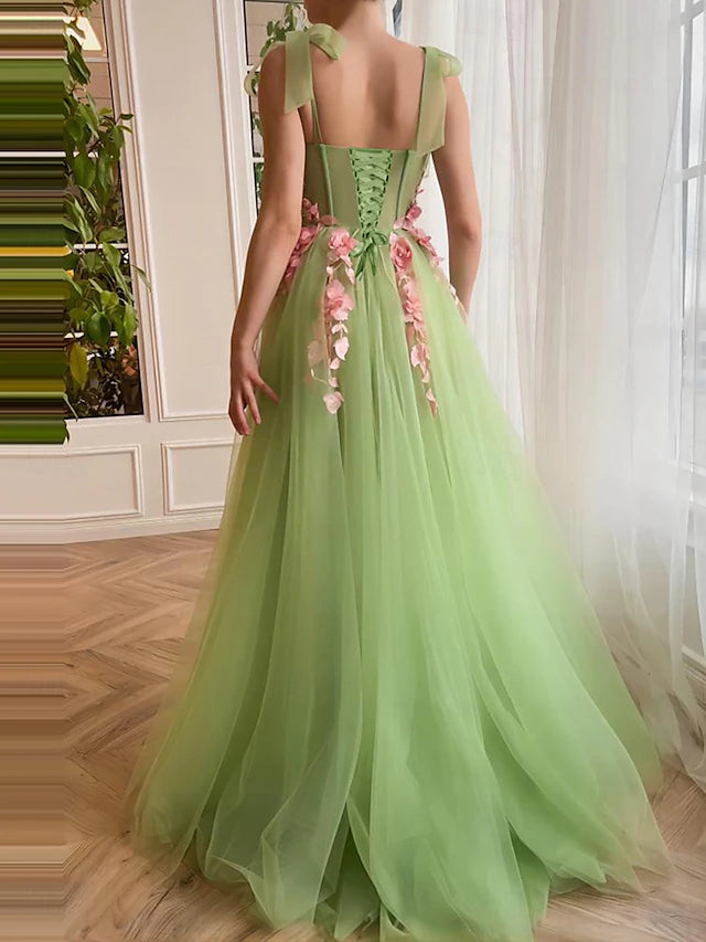 Sage Green Spaghetti Strap 3D Floral Evening Dresses