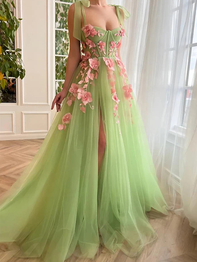 Sage Green Spaghetti Strap 3D Floral Evening Dresses
