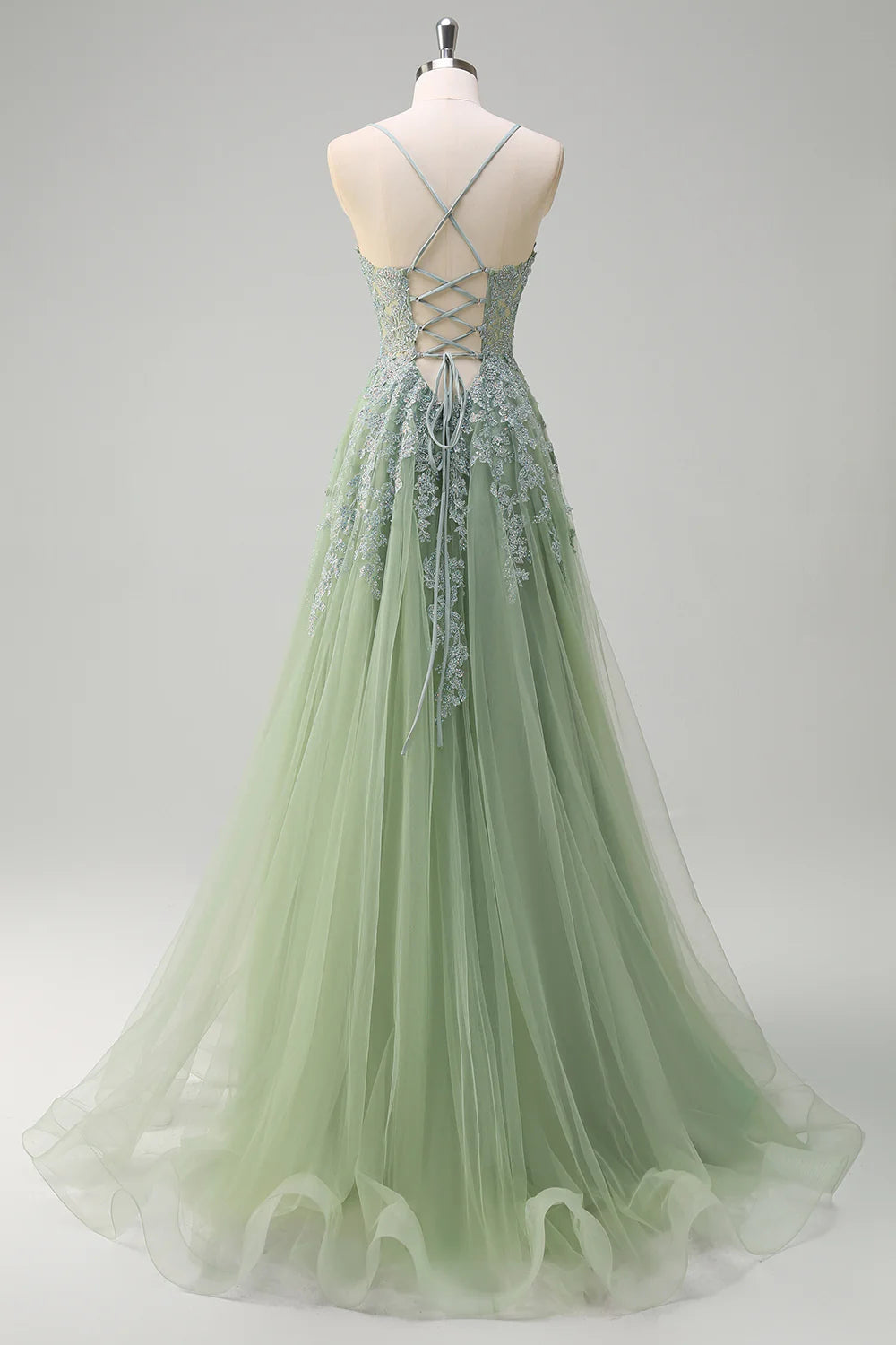 Sage Green Spaghetti Strap Lace Applique Corset Tulle A-Line Evening Dresses