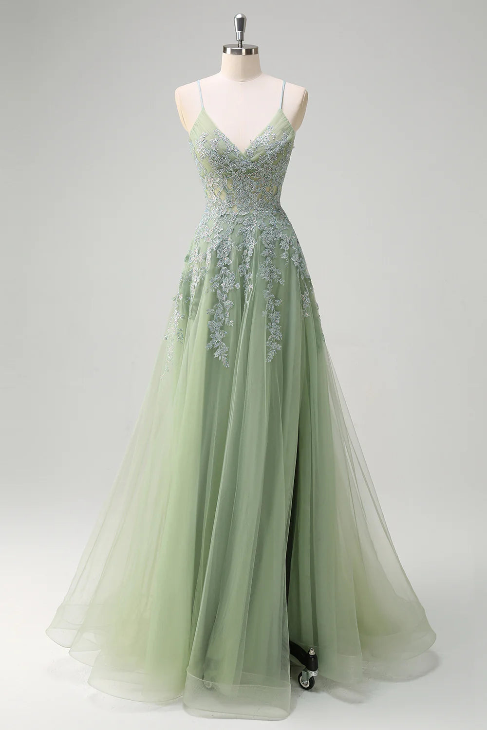 Sage Green Spaghetti Strap Lace Applique Corset Tulle A-Line Evening Dresses