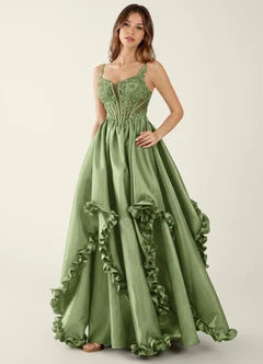 Sage Green Spaghetti Strap Lace Applique Ruffle Hem Ball Gown Maxi Evening Dresses