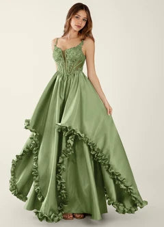 Sage Green Spaghetti Strap Lace Applique Ruffle Hem Ball Gown Maxi Evening Dresses