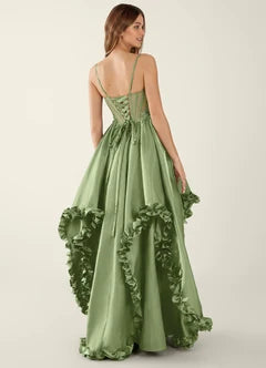 Sage Green Spaghetti Strap Lace Applique Ruffle Hem Ball Gown Maxi Evening Dresses