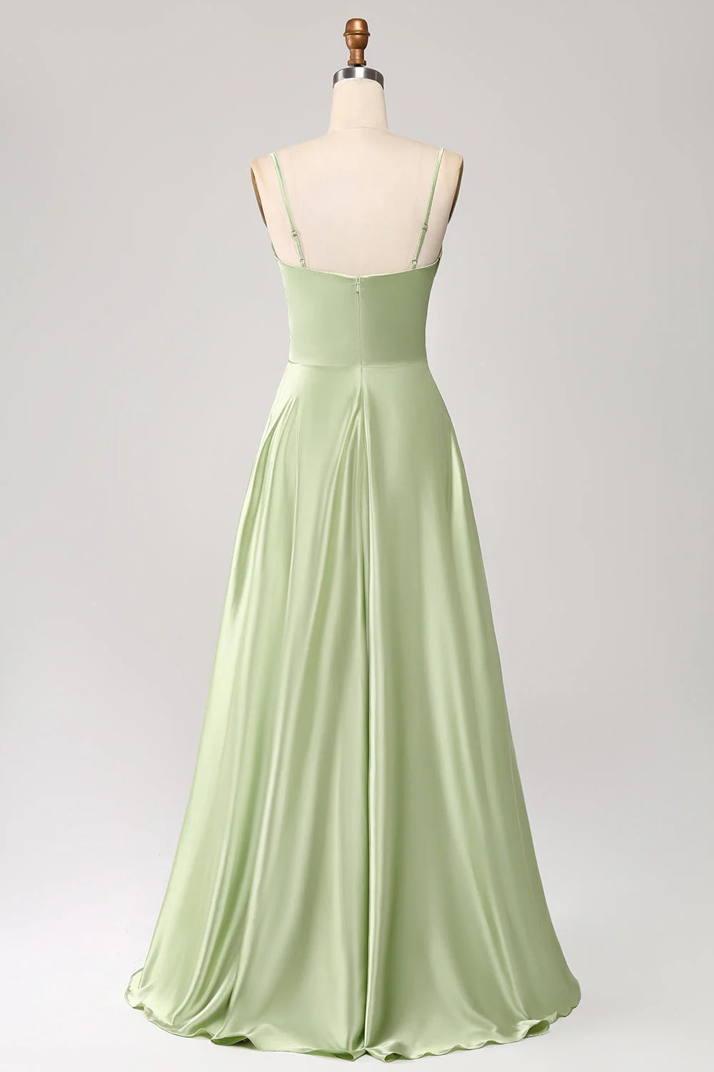 Sage Green Spaghetti Strap Satin Maxi Evening Dresses