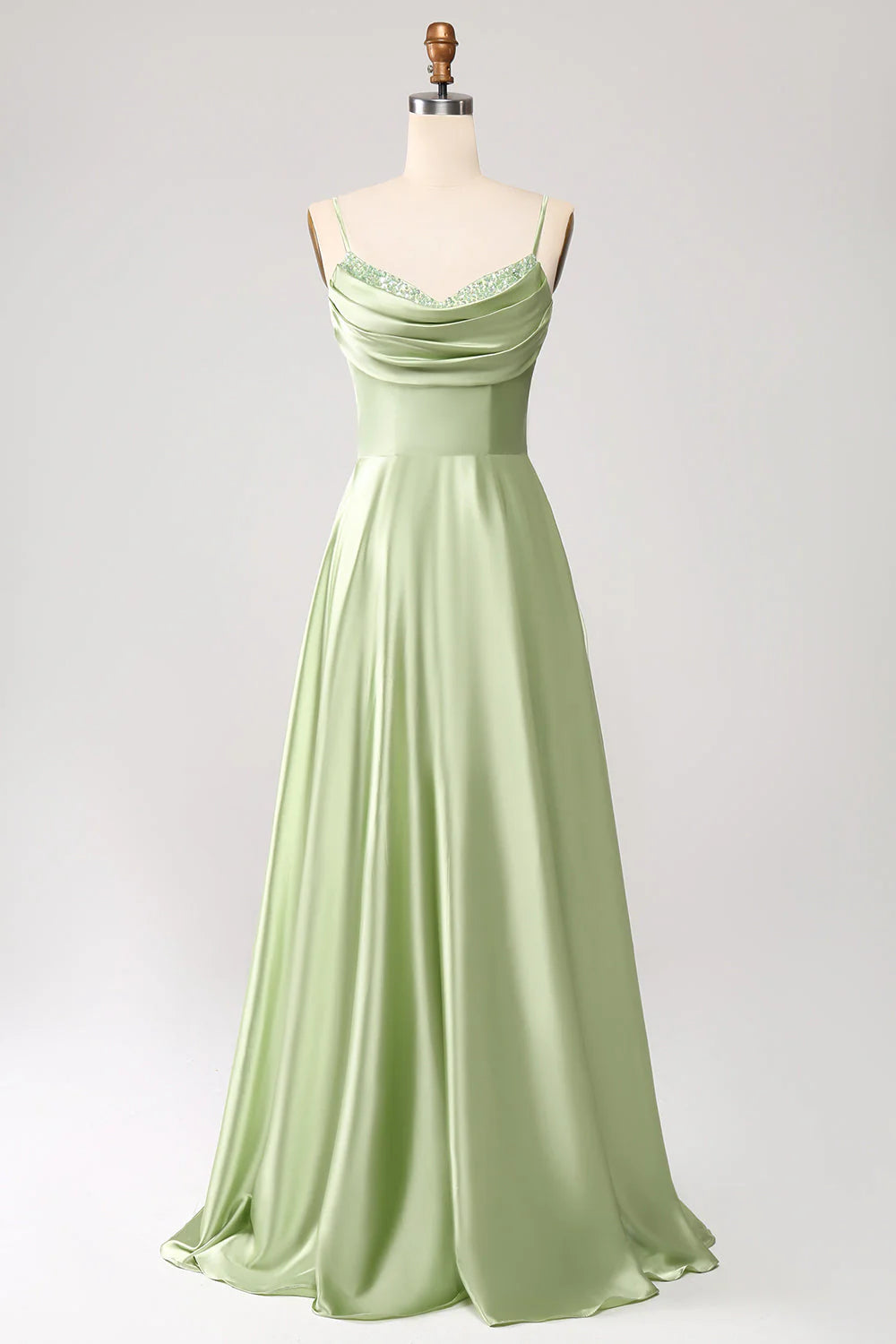 Sage Green Spaghetti Strap Satin Maxi Evening Dresses