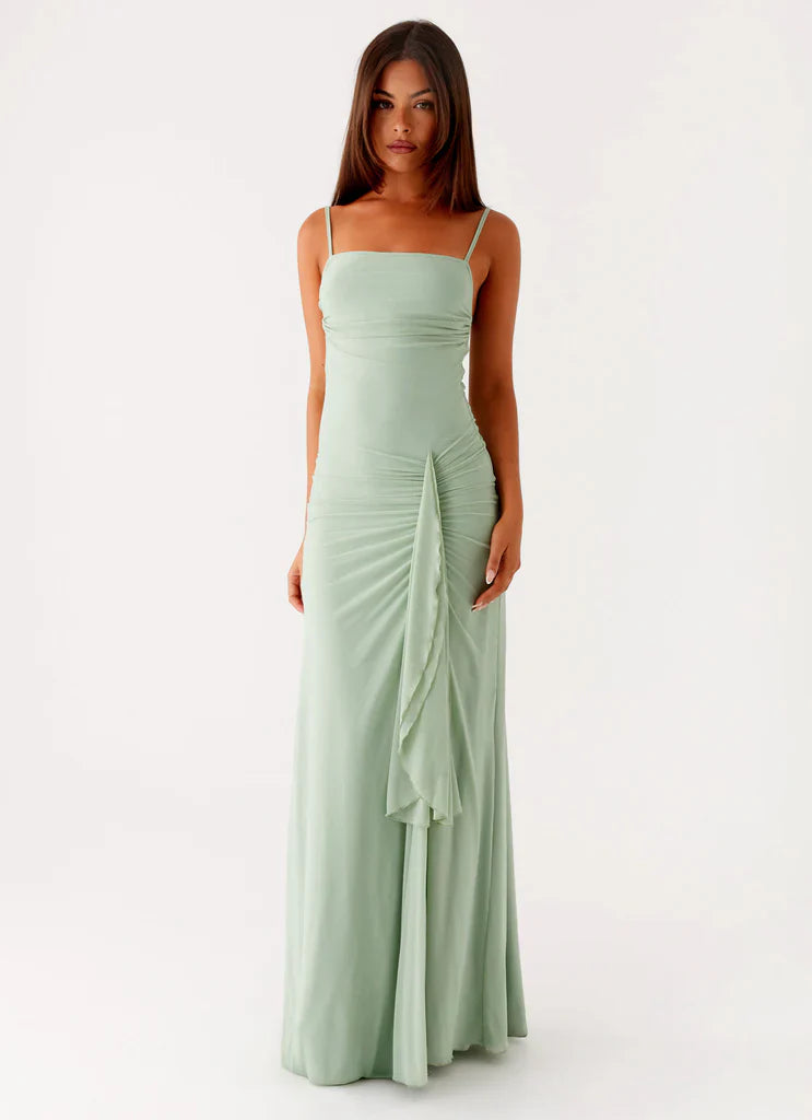 Sage Green Square Neck Ruched Ruffle Maxi Dress For Elegant Casual Party Events