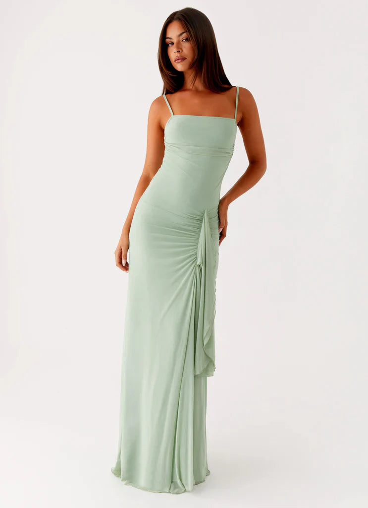 Sage Green Square Neck Ruched Ruffle Maxi Dress For Elegant Casual Party Events