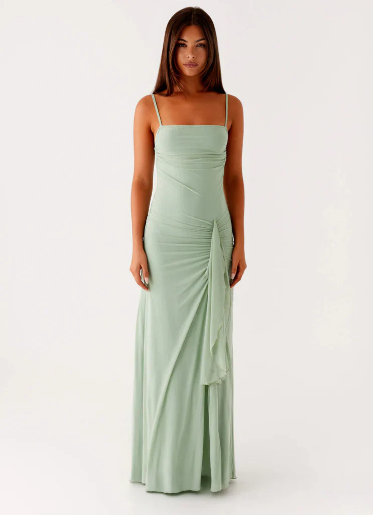 Sage Green Square Neck Ruched Ruffle Maxi Dress For Elegant Casual Party Events