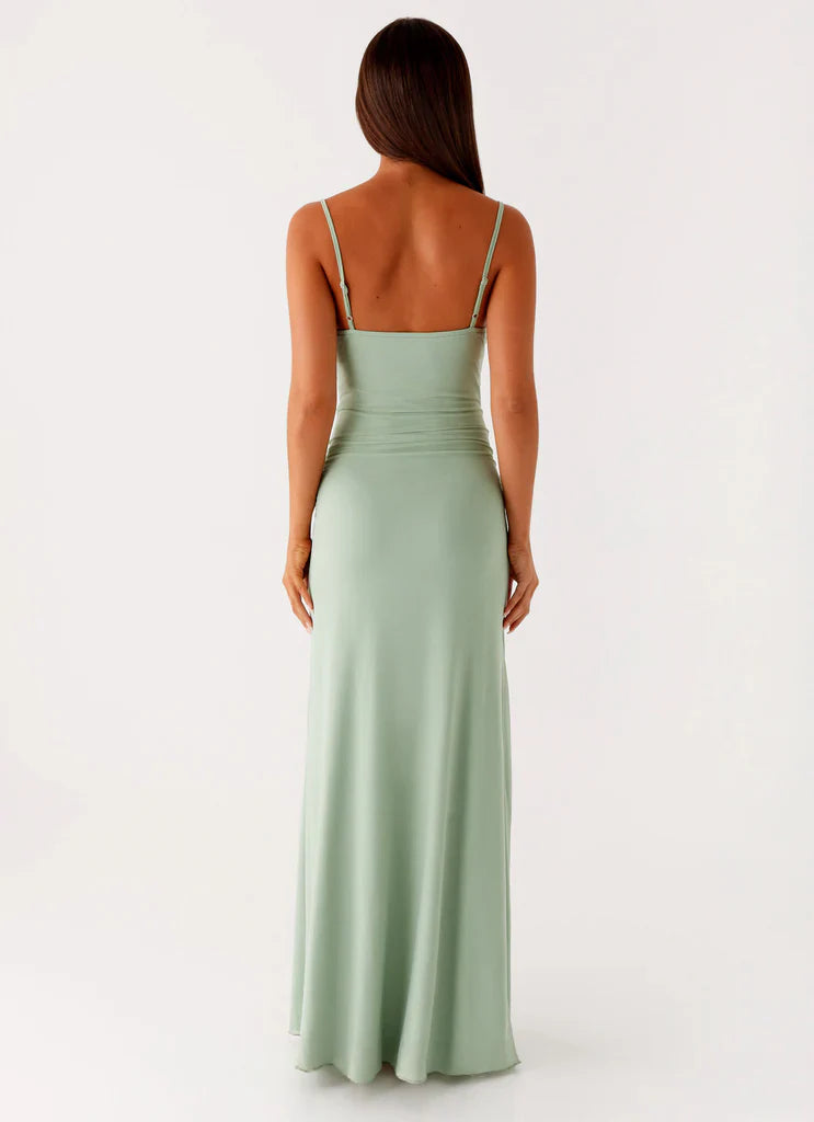 Sage Green Square Neck Ruched Ruffle Maxi Dress For Elegant Casual Party Events