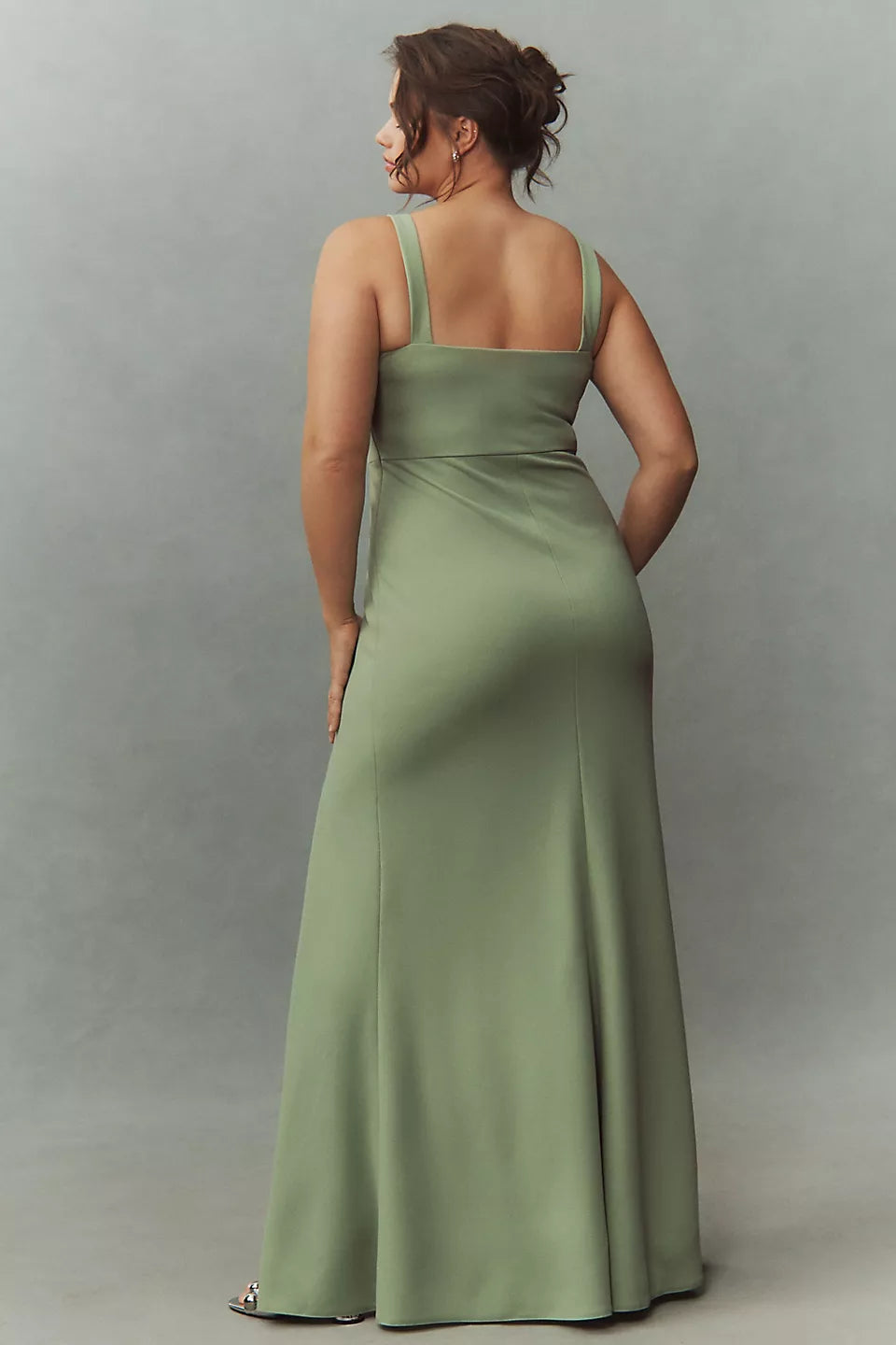 Sage Green Square Neckline Sleeveless High Slit Mermaid Maxi Evening Dresses