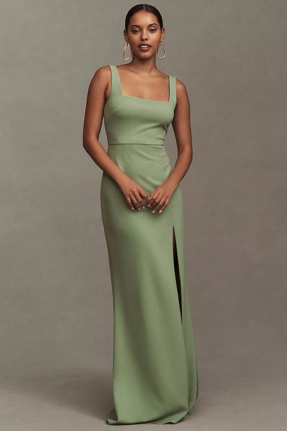 Sage Green Square Neckline Sleeveless High Slit Mermaid Maxi Evening Dresses