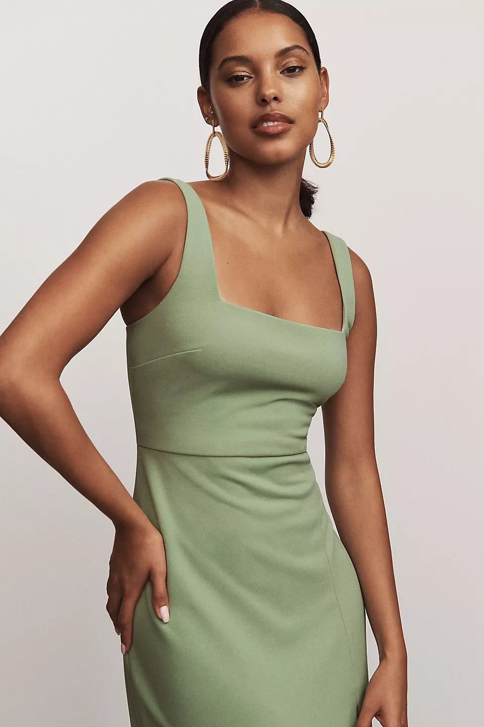 Sage Green Square Neckline Sleeveless High Slit Mermaid Maxi Evening Dresses