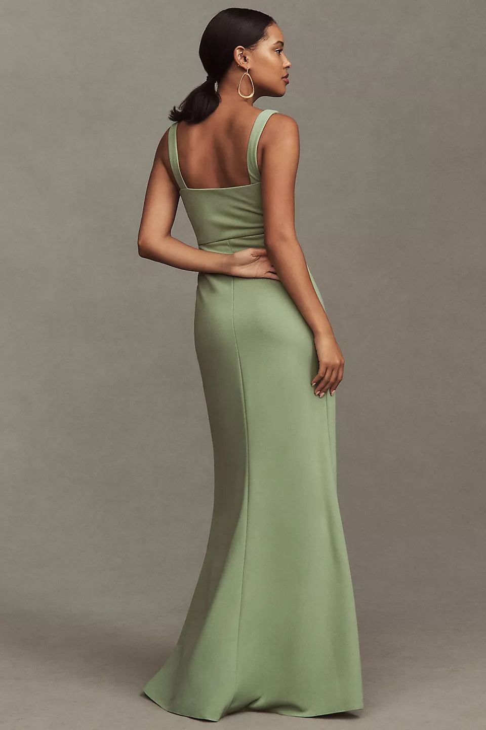Sage Green Square Neckline Sleeveless High Slit Mermaid Maxi Evening Dresses