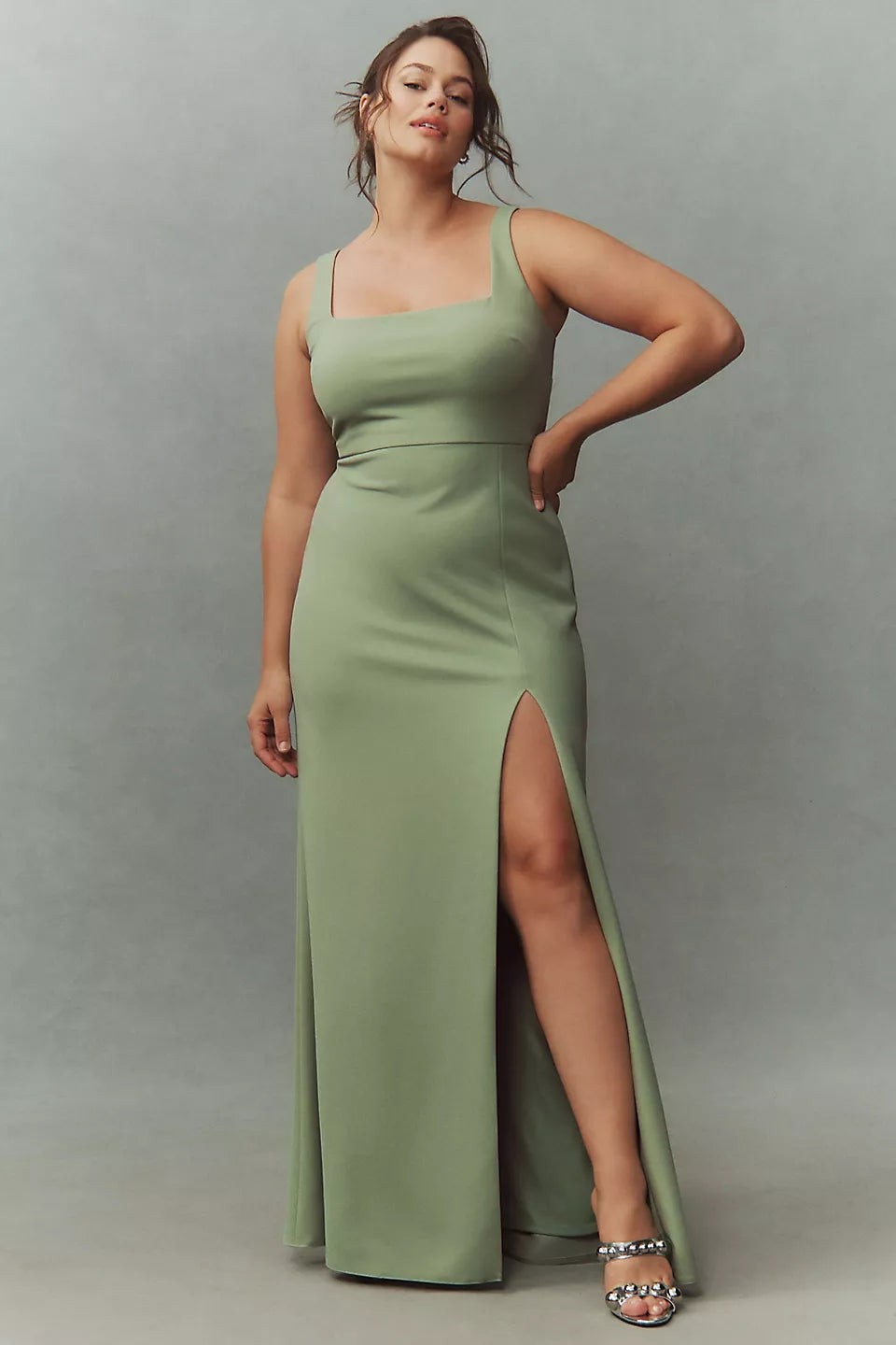 Sage Green Square Neckline Sleeveless High Slit Mermaid Maxi Evening Dresses