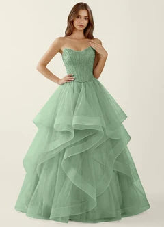 Sage Green Strapless Lace Corset Ruffle Tulle Ball Gown Evening Dresses
