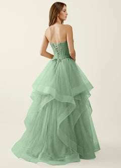 Sage Green Strapless Lace Corset Ruffle Tulle Ball Gown Evening Dresses