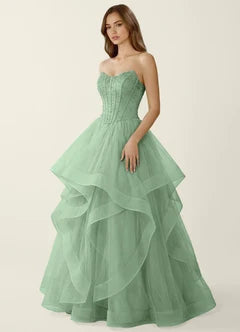 Sage Green Strapless Lace Corset Ruffle Tulle Ball Gown Evening Dresses