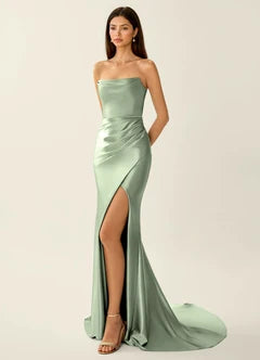 Sage Green Strapless Satin Backless High Slit Maxi Evening Dresses