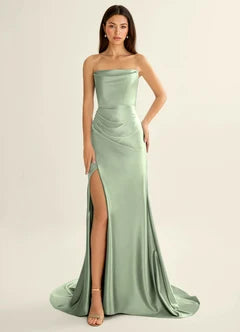 Sage Green Strapless Satin Backless High Slit Maxi Evening Dresses